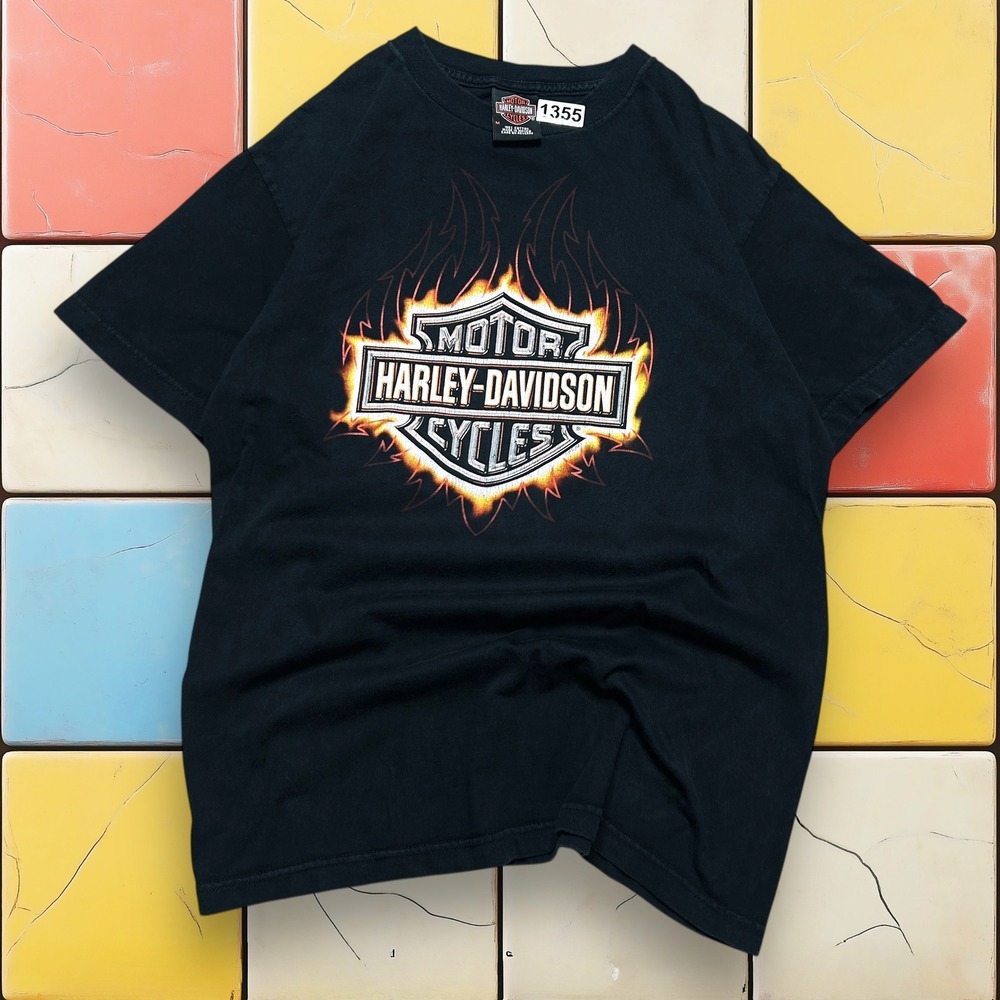 Vintage Harley Davidson 3D Flame T-Shirt Y2K Men M Black Logo Eagle Denton Texas